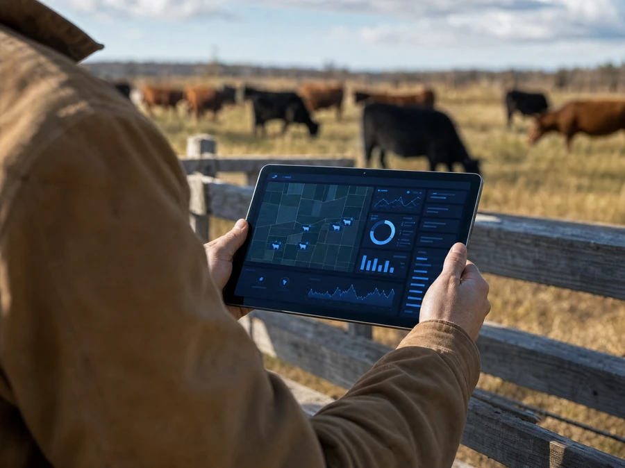 Persona revisando el estado del ganado en una tablet