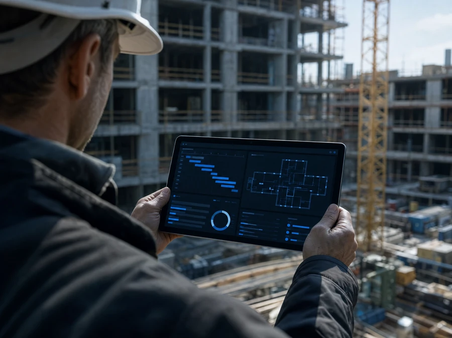 Capataz de obra revisando el avance de la construcción en una tablet