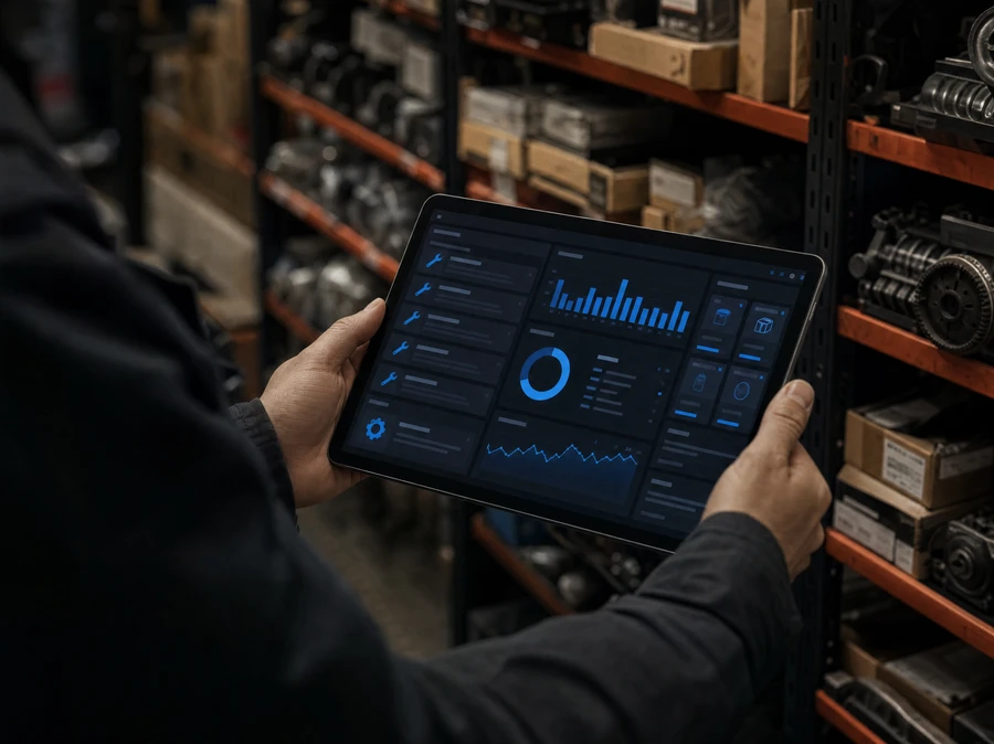 Mecánico revisando stock de repuestos en una tablet con TallerPro