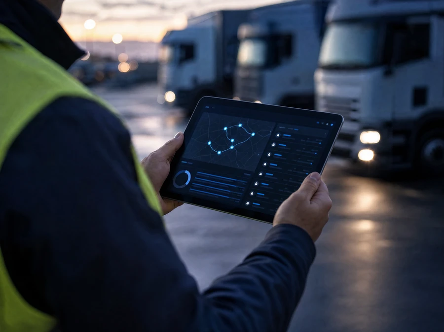 Coordinador de logística revisando la flota en una tablet